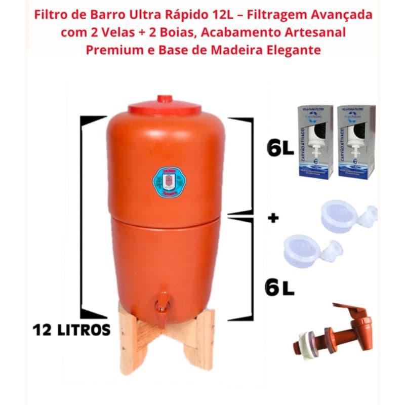 Filtro de Barro Gourmet 12L - Filtragem Avançada com 2 Velas + 2 Boias, Base de Madeira