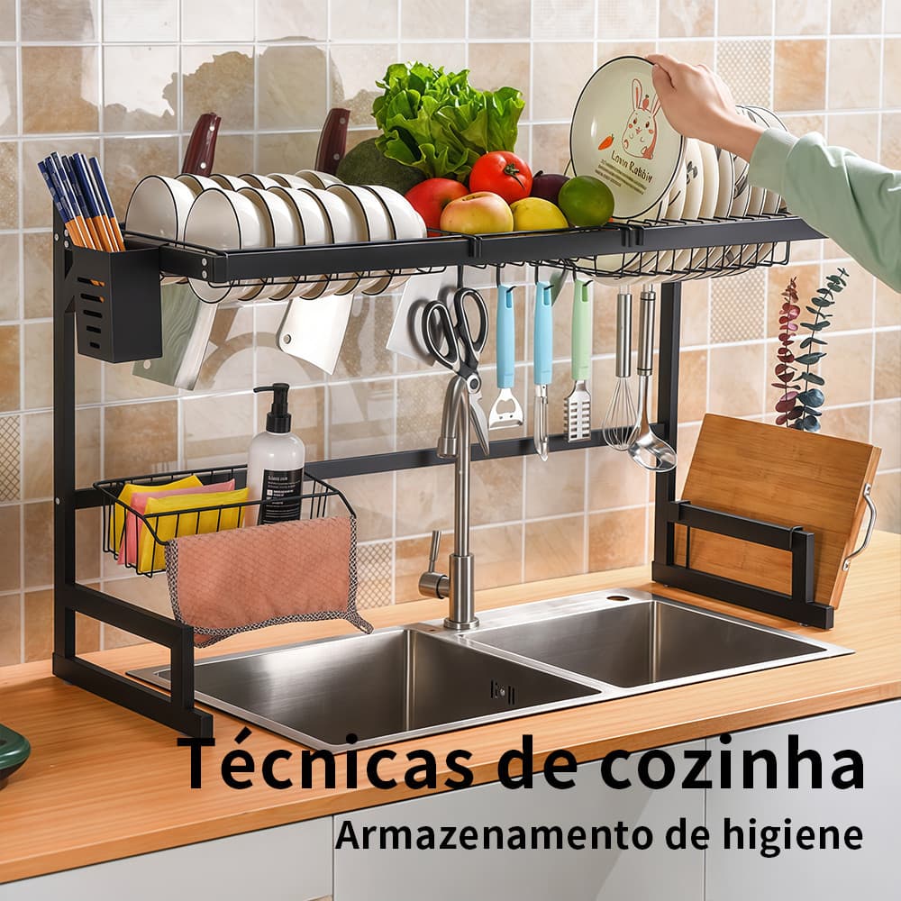 Escorredor de Louças Suspenso para Pia de Cozinha Multifuncional 2 Andares Bancada 65cm/85cm Compacto e Funcional