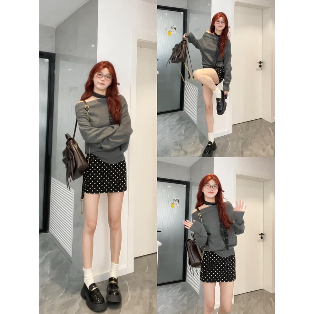 Saia preta de bolinhas feminina 2025 novo estilo saia curta linha a saia quadril pequena estilo miu miu Wear