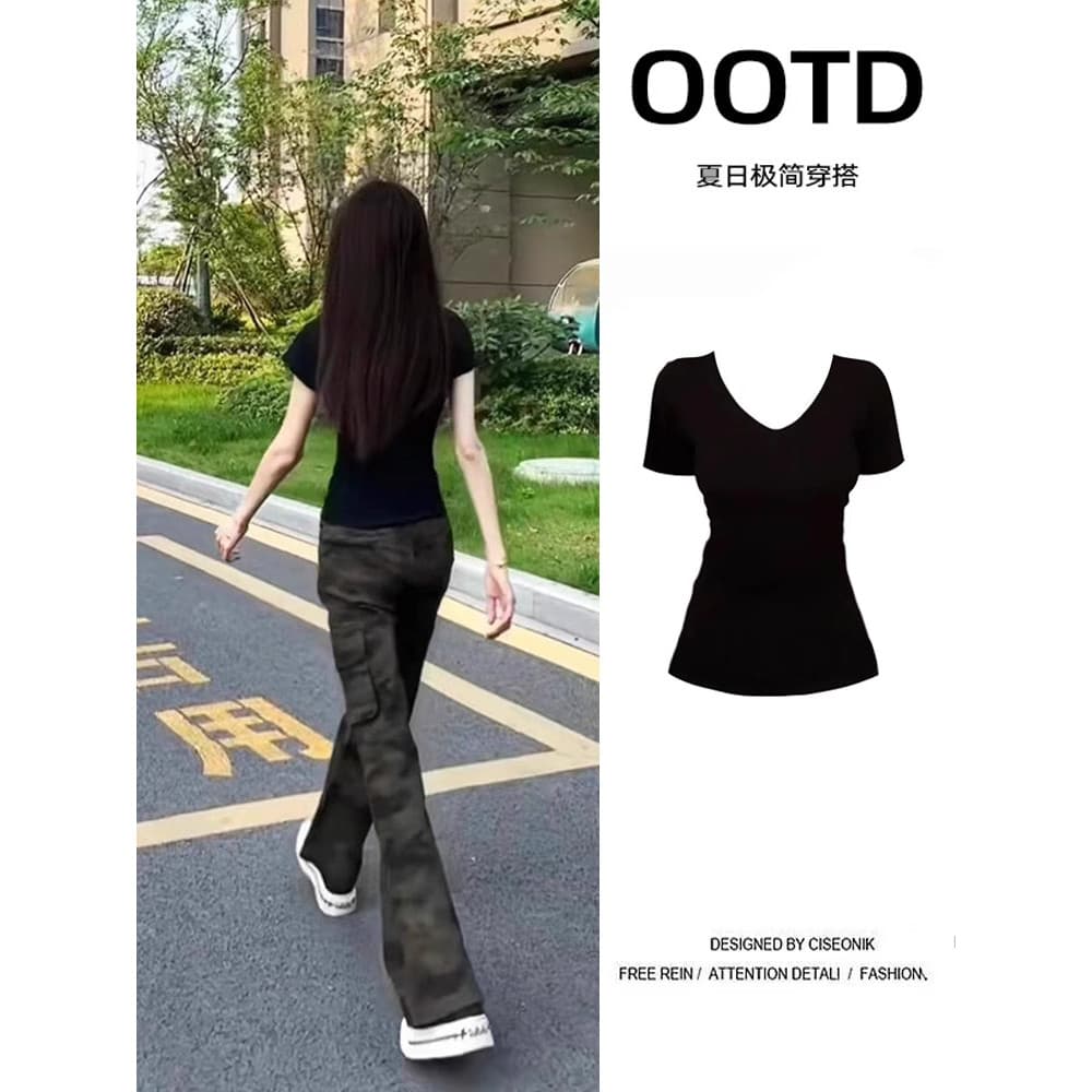 Preto fora do ombro de manga curta camiseta feminina 2026 novo estilo verão com decote em v topo fino ajuste magro meia