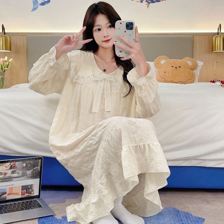 Estilo longo japonês doce estilo camisola feminina outono verão 2025 novo estilo de manga comprida pijamas vestido Homew
