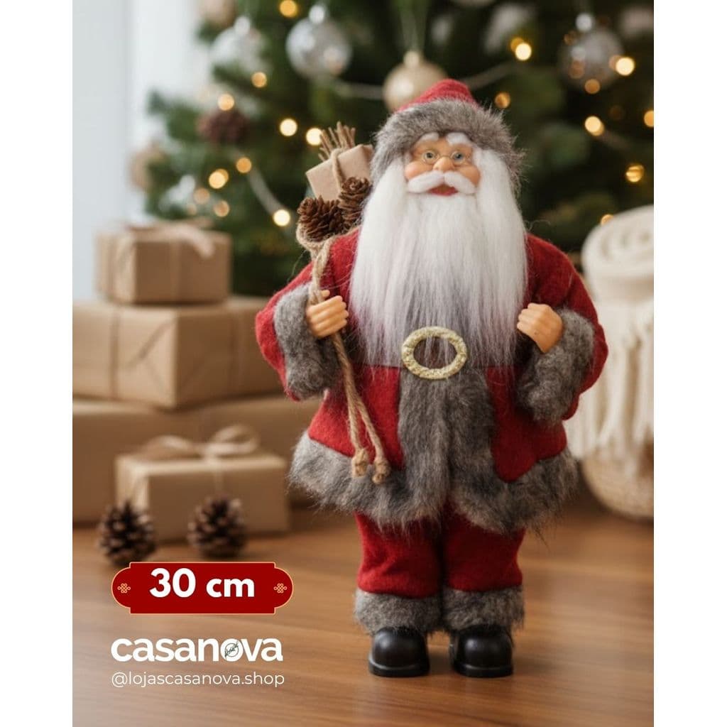 Papai Noel em Pé 30cm Vermelho/Cinza – Decoração Natalina Premium