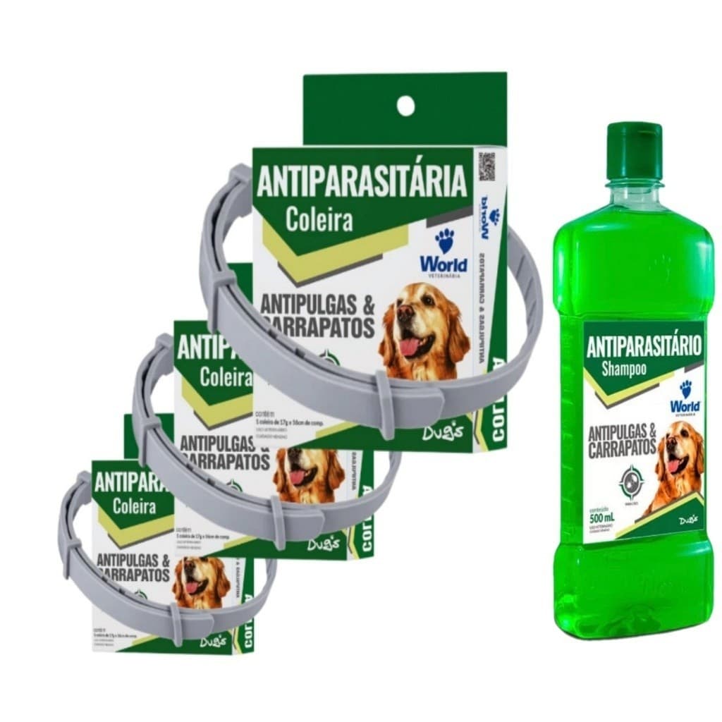 Kit 1 Shampoo Dugs 500Ml + 3 Coleiras Dugs Antipulgas e Carrapatos p/Cães 17g c/ 56cm- World Veterinária