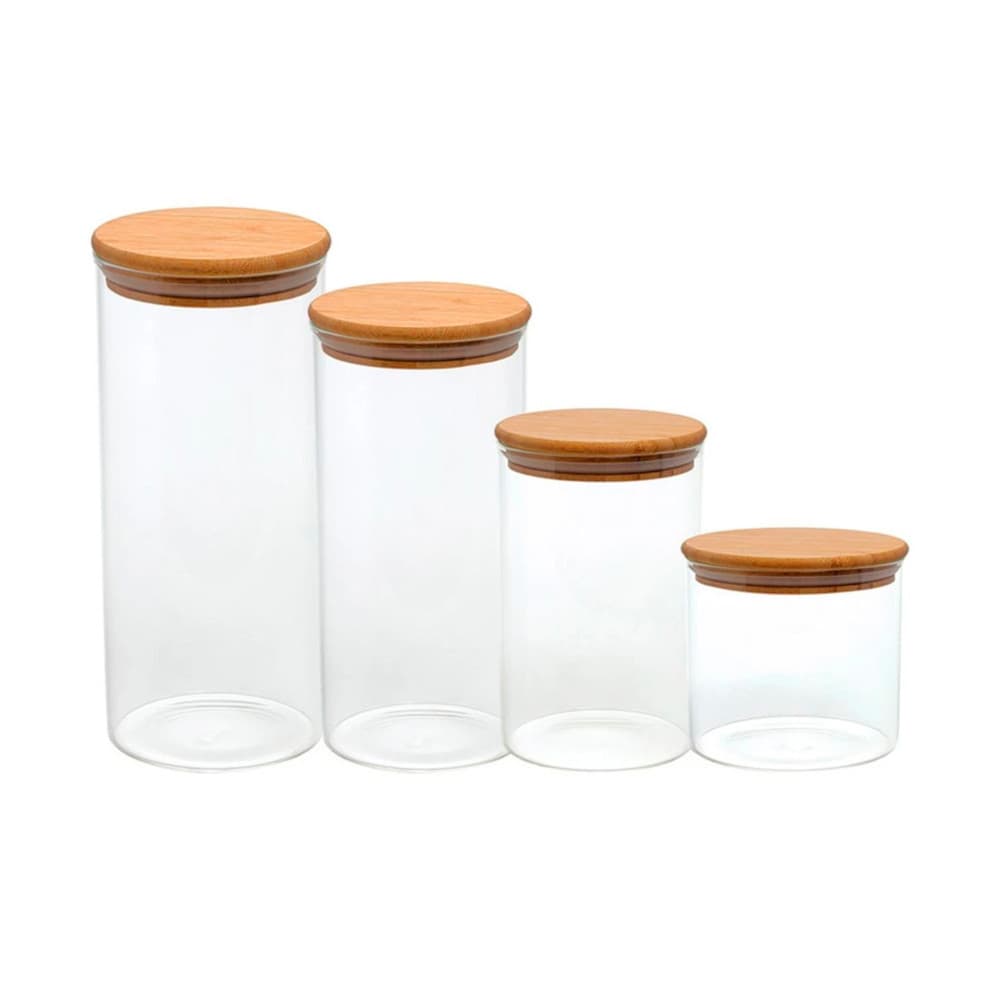 Kit 4 Potes Herméticos Vidro Tampa de Bambu Mimo Style Zen Organizador Cozinha Premium Vedação Total
