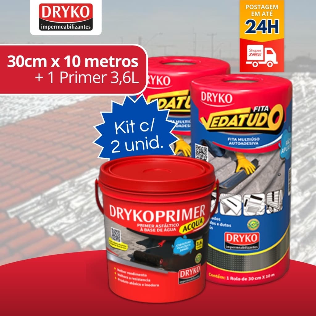 Kit Fita Manta Asfáltica 30cm 2un + Primer Asfáltico 3,6 Fita Metalizada Vedatudo - Dryko