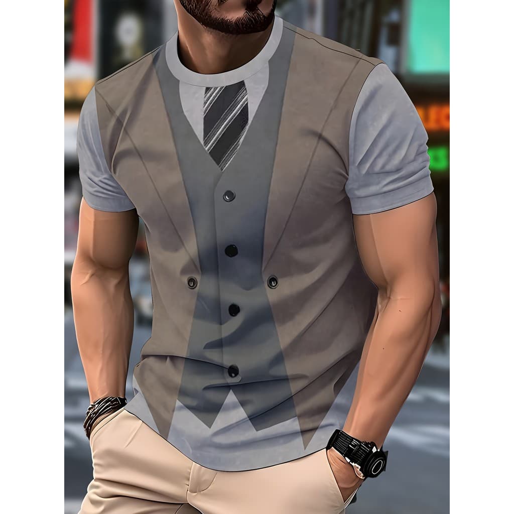 Camiseta Masculina Com Estampa De Terno 3D , Gola Redonda Casual , Tecido De Malha De Poliéster Elástico Leve , Padrão A