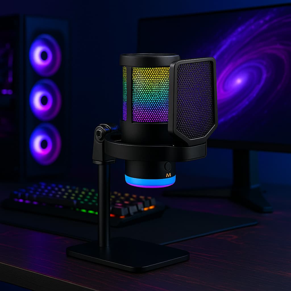 Microfone Condensador RGB Gamer com Redução de Ruído Conexão Tipo C Profissional Cardioide