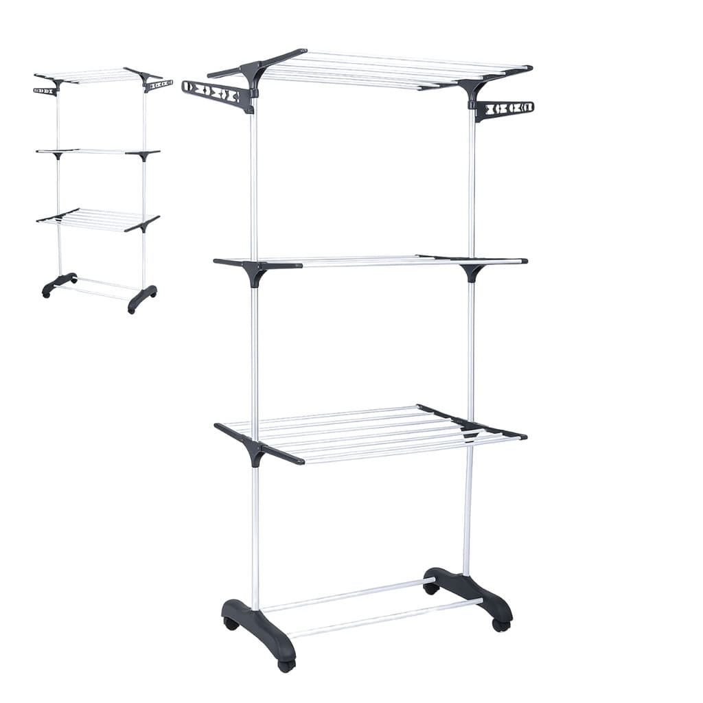 Varal Chão 160cm Dobrável Articulado 3 Andares Grande Preto Branco Lavanderia Interno Externo Roupa