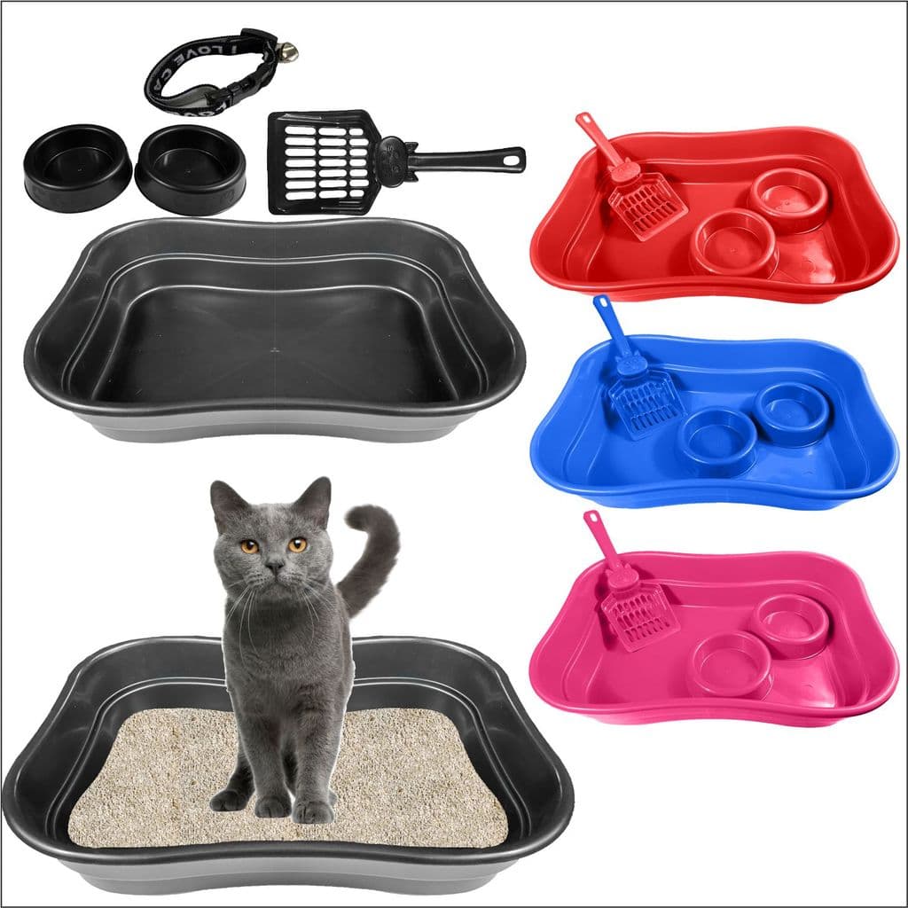 Kit Caixa de Areia para Gatos Higiênico com Pá Comedouro Bebedouro Banheira Coleira Sanitário