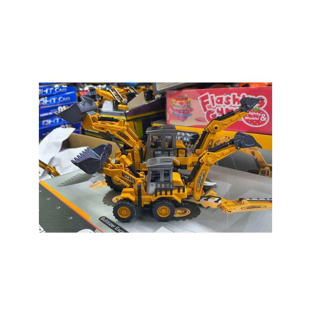 Carrinho Trator Retroescavadeira Articulação Realista Pneus de Borracha Pá de Metal de Cast 1:70