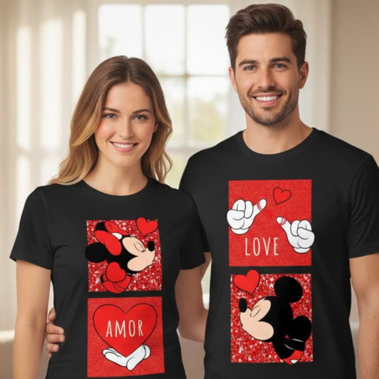 Kit Casal Conjunto de Camiseta Mickey e Minnie Apaixonados Casalzinho Presente Namorados Casados