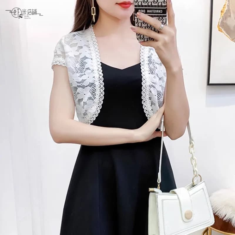 Blazer Feminino Branco Preto Manga Curta Capa Pequeno Xale Bolero de Renda Camisa Filipino Vestuário Externo Top Vestido