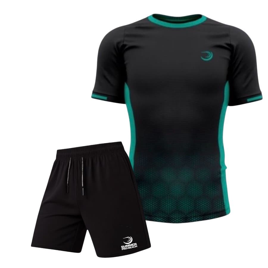 Kit de Treino Masculino - 1x Camiseta Summer Pro Preta Degrade + 1x Shorts Elastano Preto