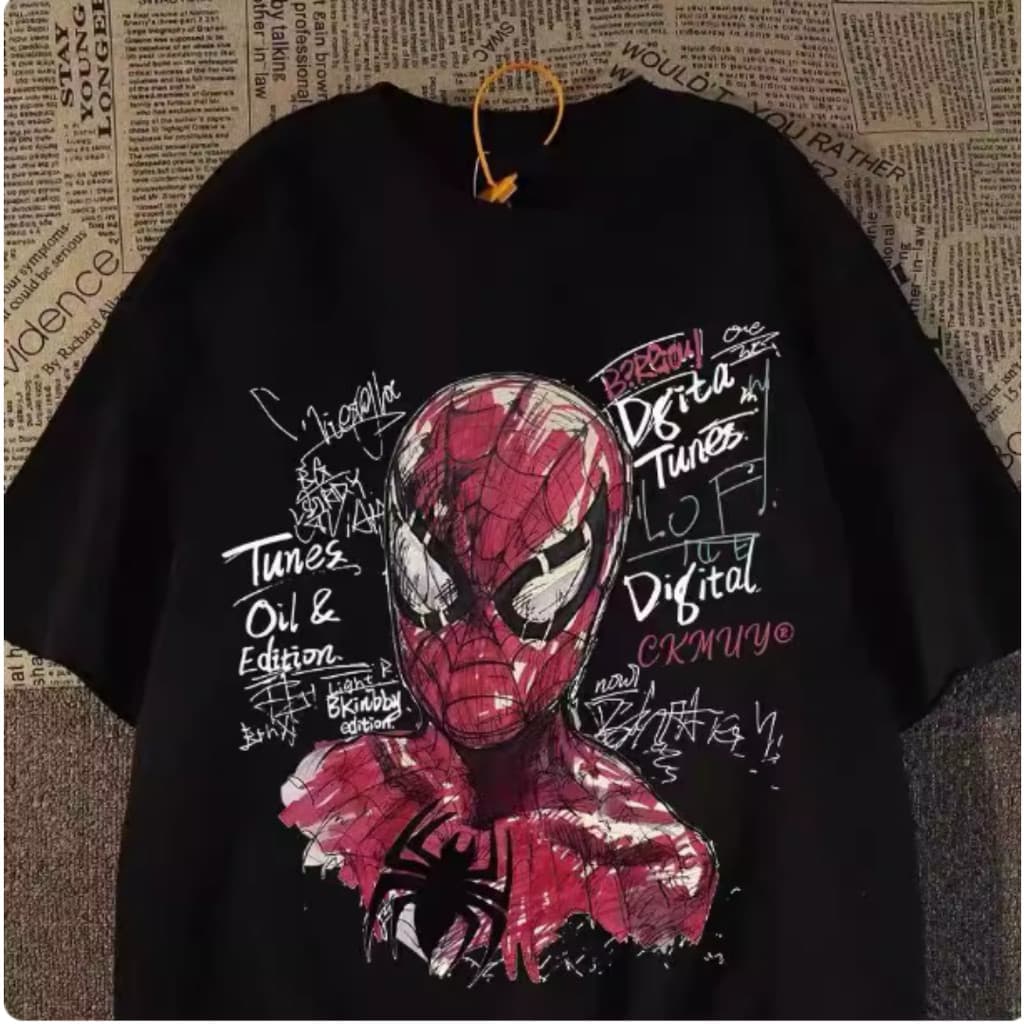Camiseta Preta Oversized de Algodão Unisex, Estampa de Homem-Aranha em Grafite, Moda Urbana Geek e Streetwear