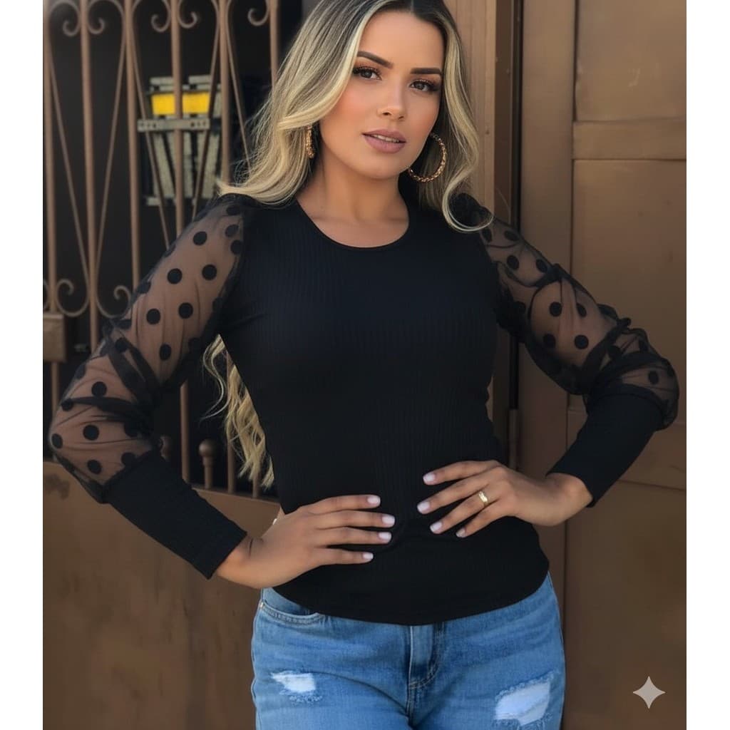 blusa feminina canelada estica manga longa tule poá top