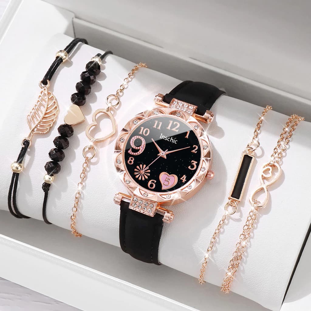 Relógio Feminino Coração Estelar com Strass + Combo de Pulseiras Elegantes Moda Presente SEM A CAIXA
