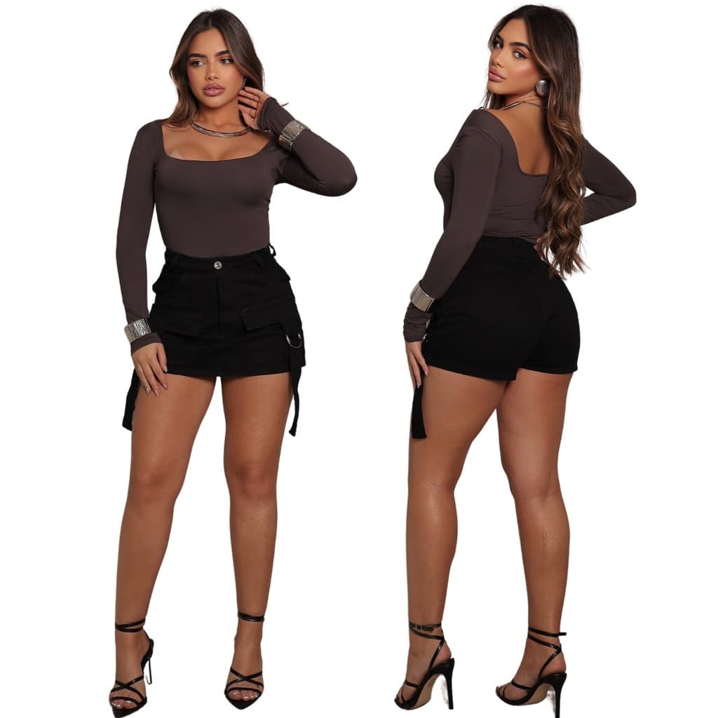Short Saia Cargo Jeans Feminino com Cintura Alta, Bolsos e Fivela Moderna Preto