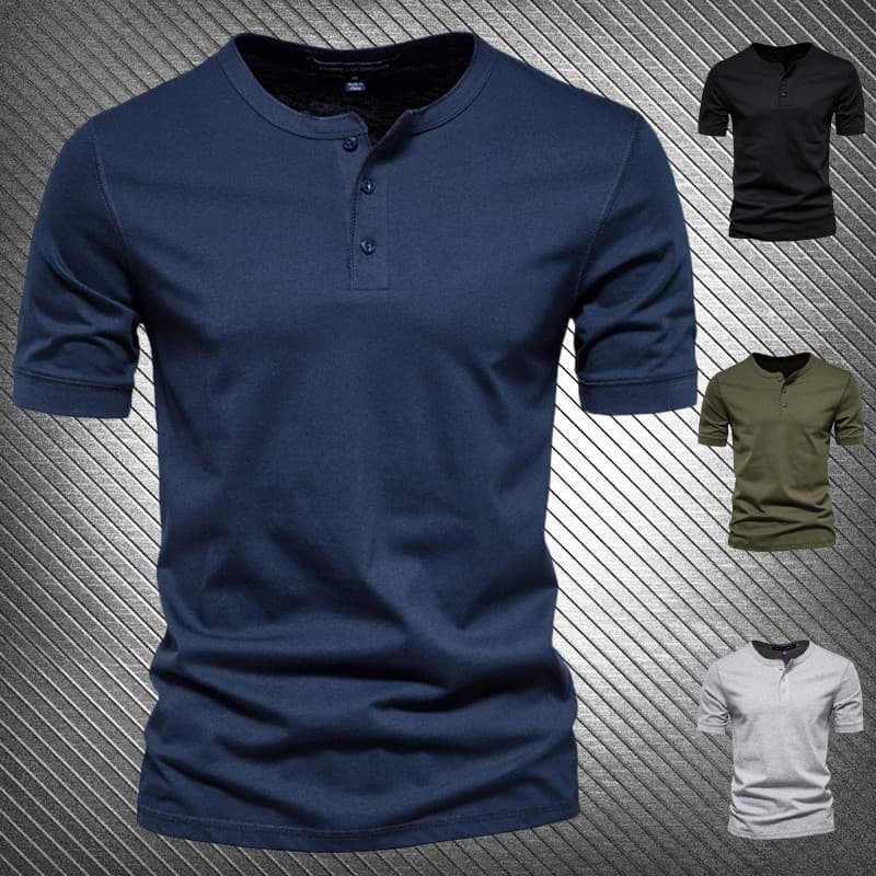Verão Henry camisa masculina de algodão pesado americano meia manga gola aberta de manga curta cara resistente topo cami