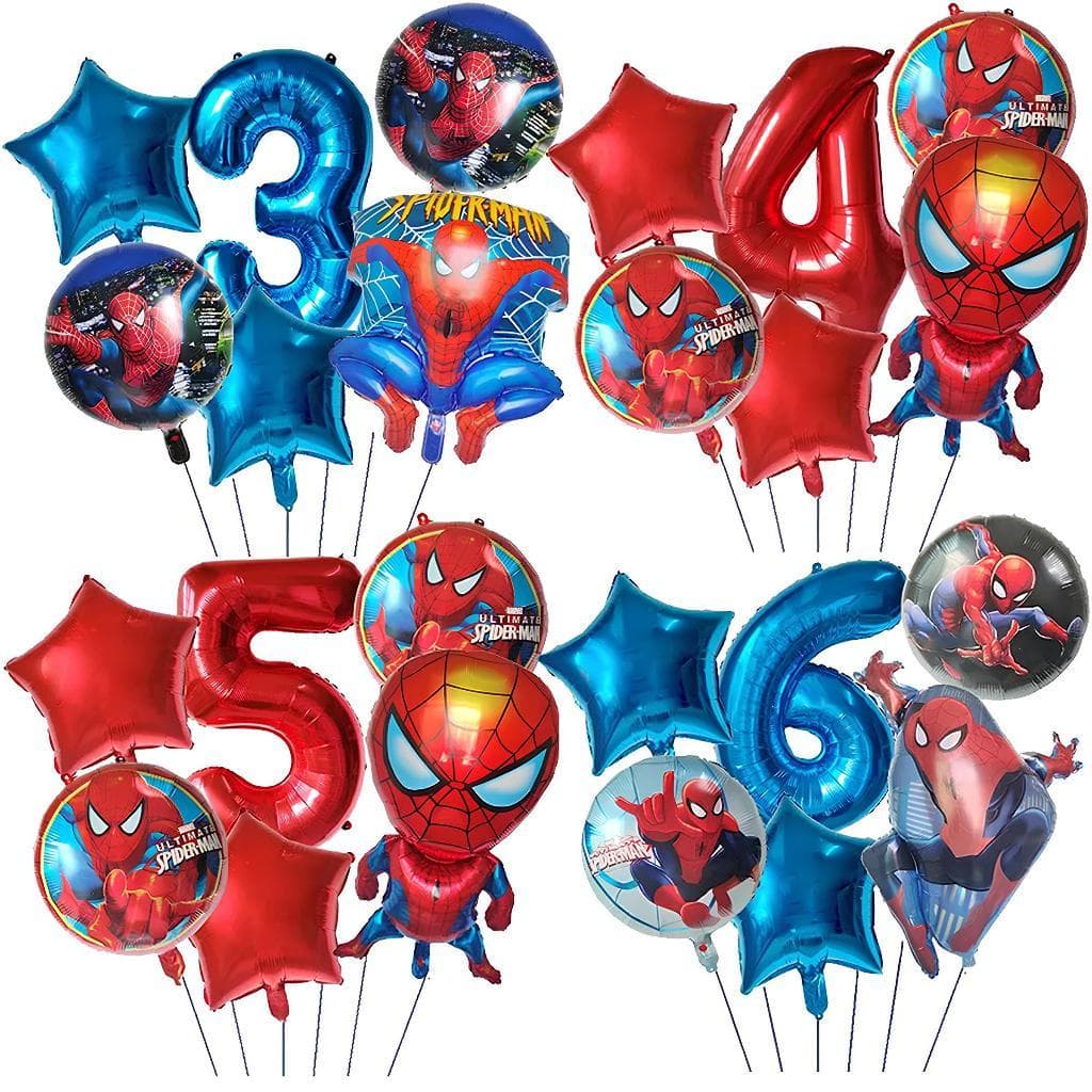 Balão Homem Aranha + Número Vermelho 6un Balões Metalizados Decoração Festa Aniversário Herois Marvels Vingadores