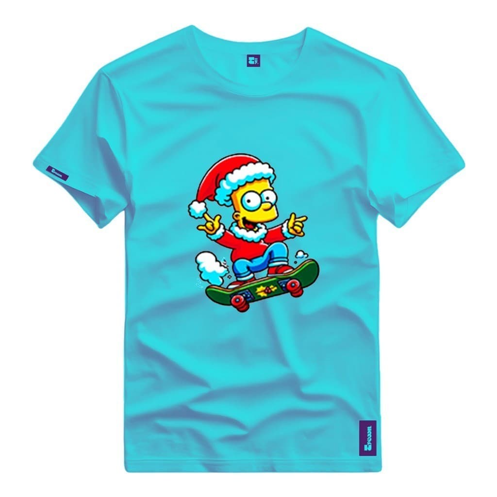 Camiseta Bart com Skate usando Gorro de Natal Camisa Natal