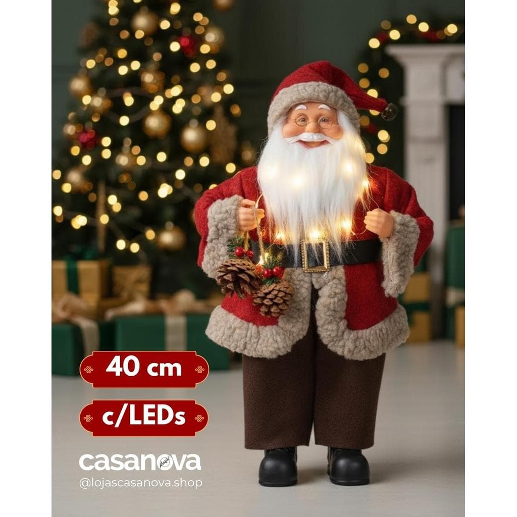 Papai Noel em Pé com LED 40cm Vermelho/Bege – Decoração Natalina Premium