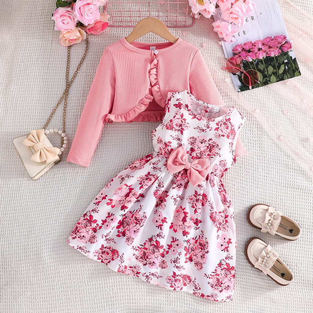 Conjunto Infantil Menina 2 a 8 Anos Moletom Rosa e Vestido Floral Sem Manga Kit Duas Pecas Conjunto