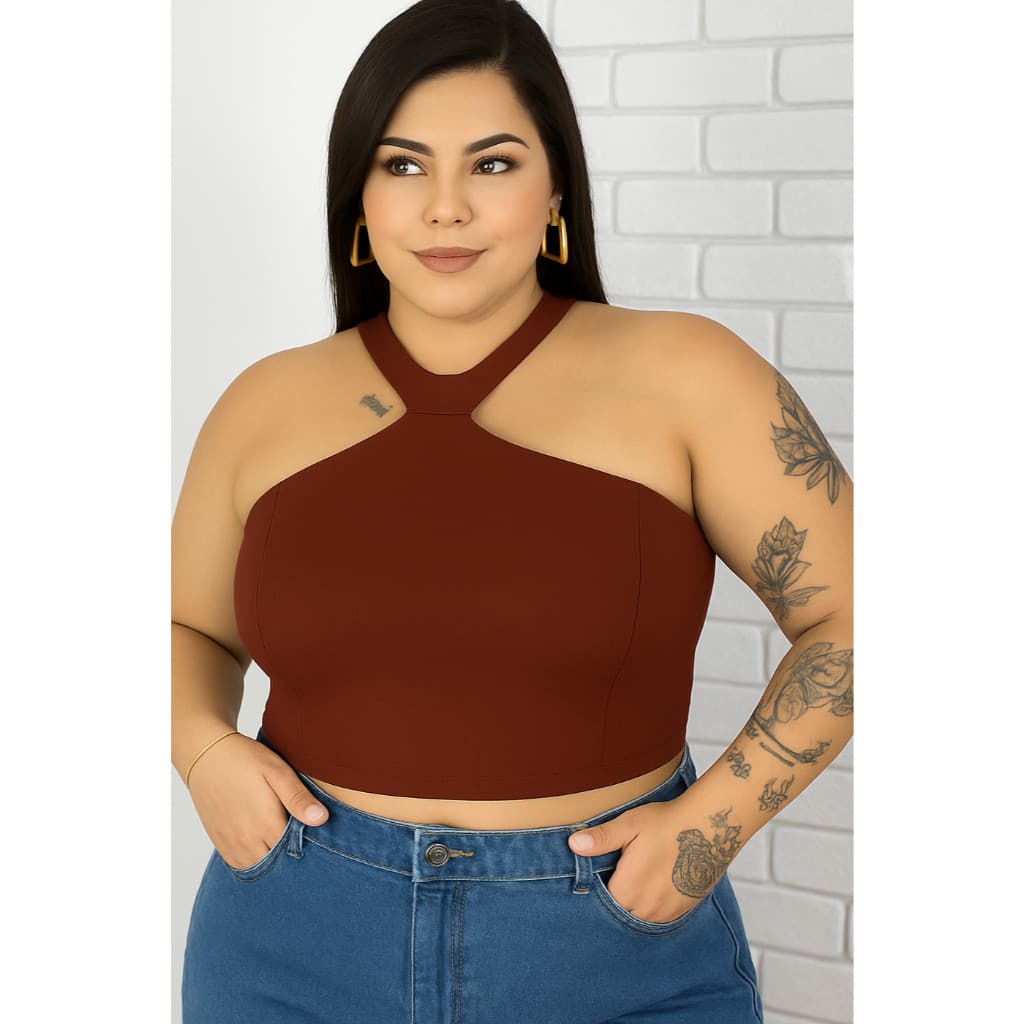 Cropped Feminino Plus Size G ao G2 - Alça Cruzada Scuba Liverpool(Terracota Escuro,42)