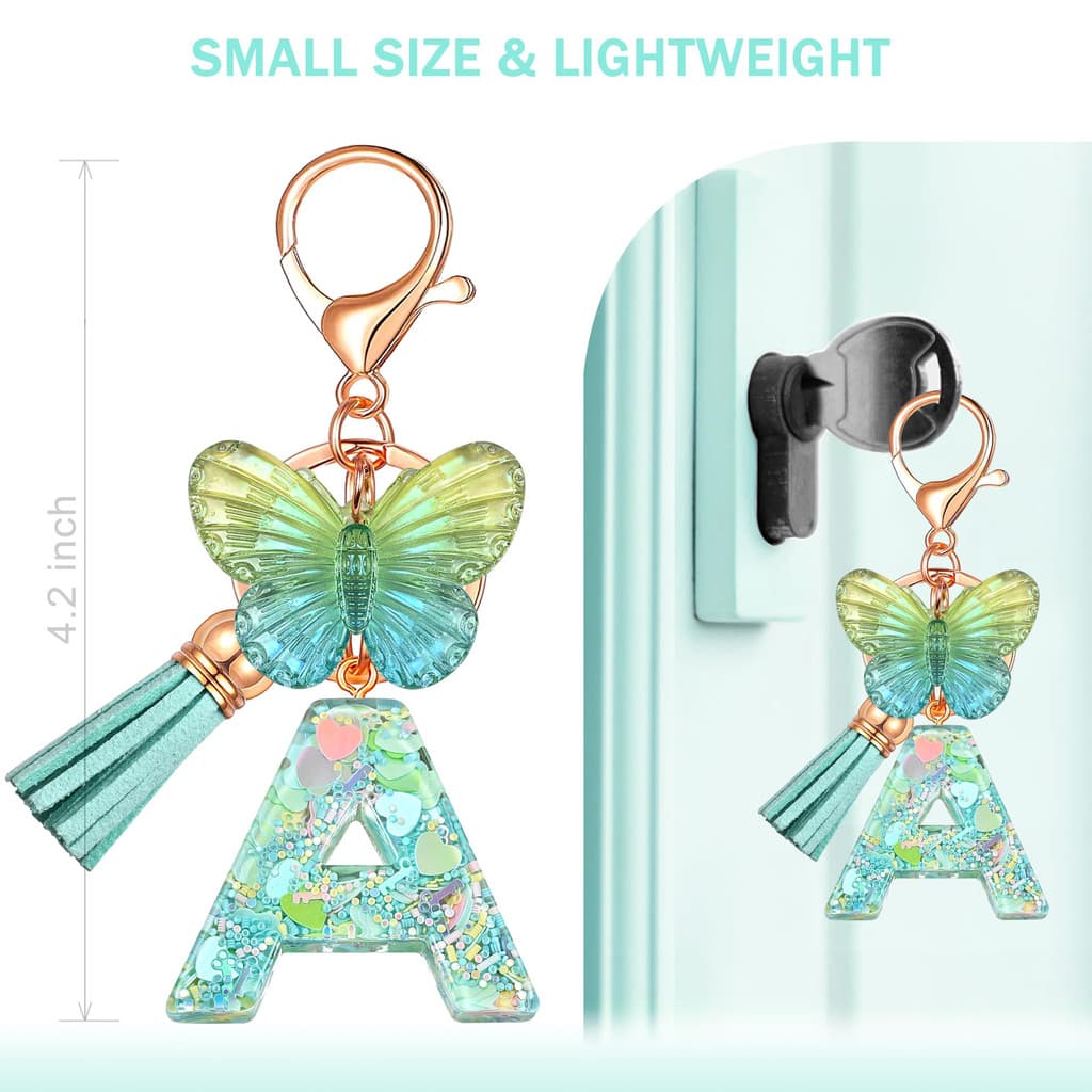 Novo estilo resina carta chaveiro luz verde inglês lantejoulas epóxi borboleta jóias cristal chaveiro borla pingente