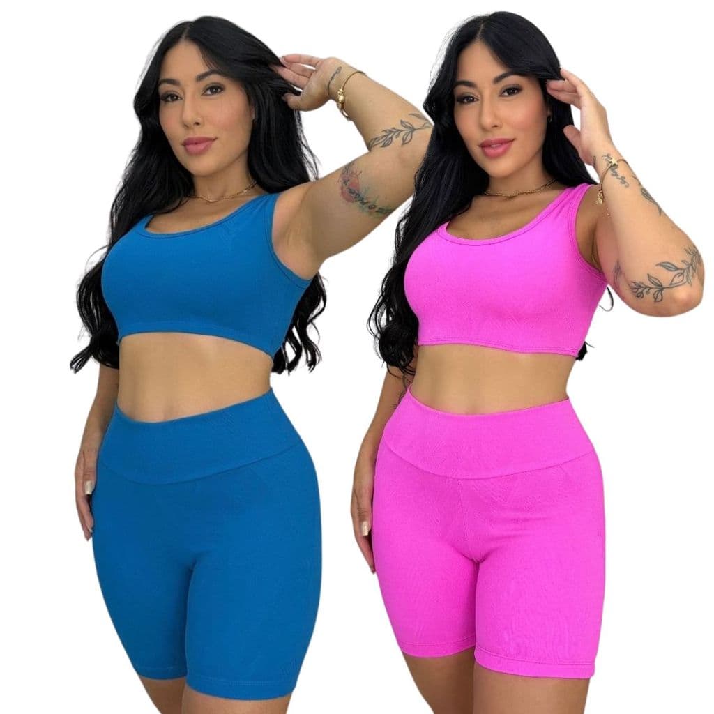 Conjunto Fitness Top Sem Bojo Jacquad Short Treino Bermuda Feminino Academia Corrida Moda Fit