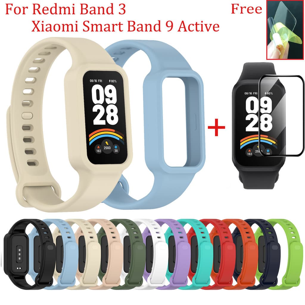 Pulseira De Silicone 2 Em 1 Para Redmi Band 3 Xiaomi Smart 9 Active Com Protetor De Tela Filme De Cobertura Completa À P