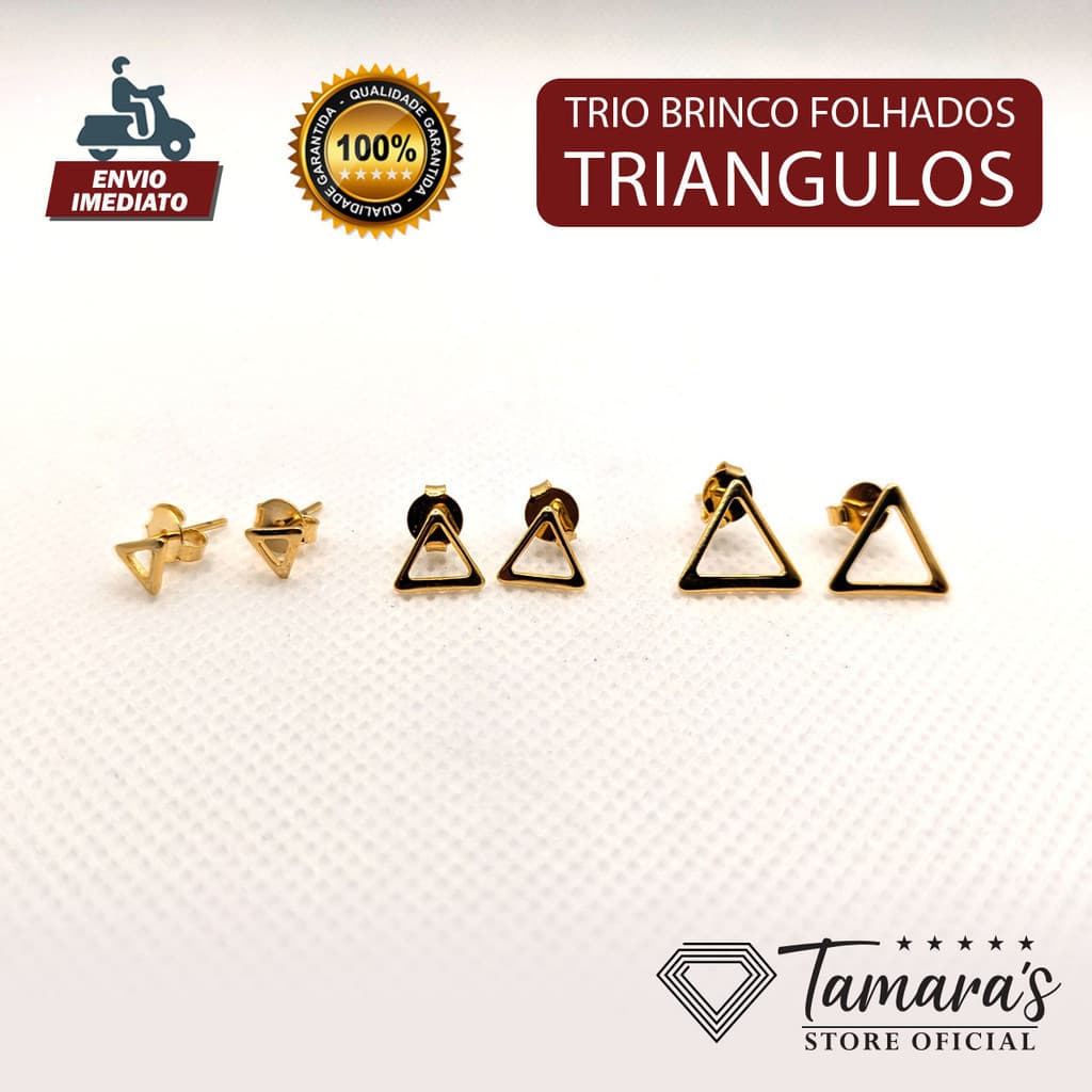 Brinco folheado a Ouro 18K em triângulo vazado, Ideal para qualquer ocasião - 3 Pares
