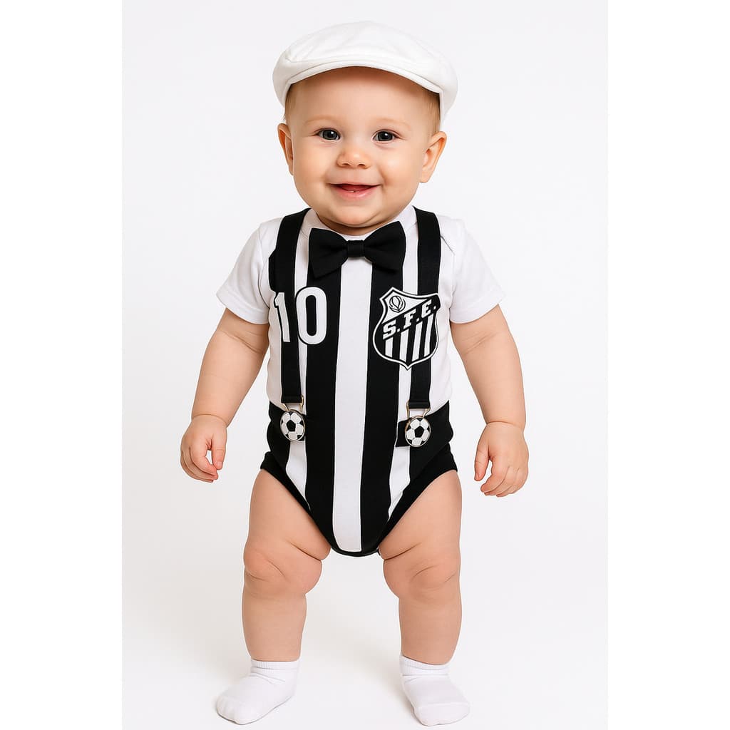 Body Bebê Santos + Suspensório Branco Preto Torcedor C/ Suspensório P Ao G