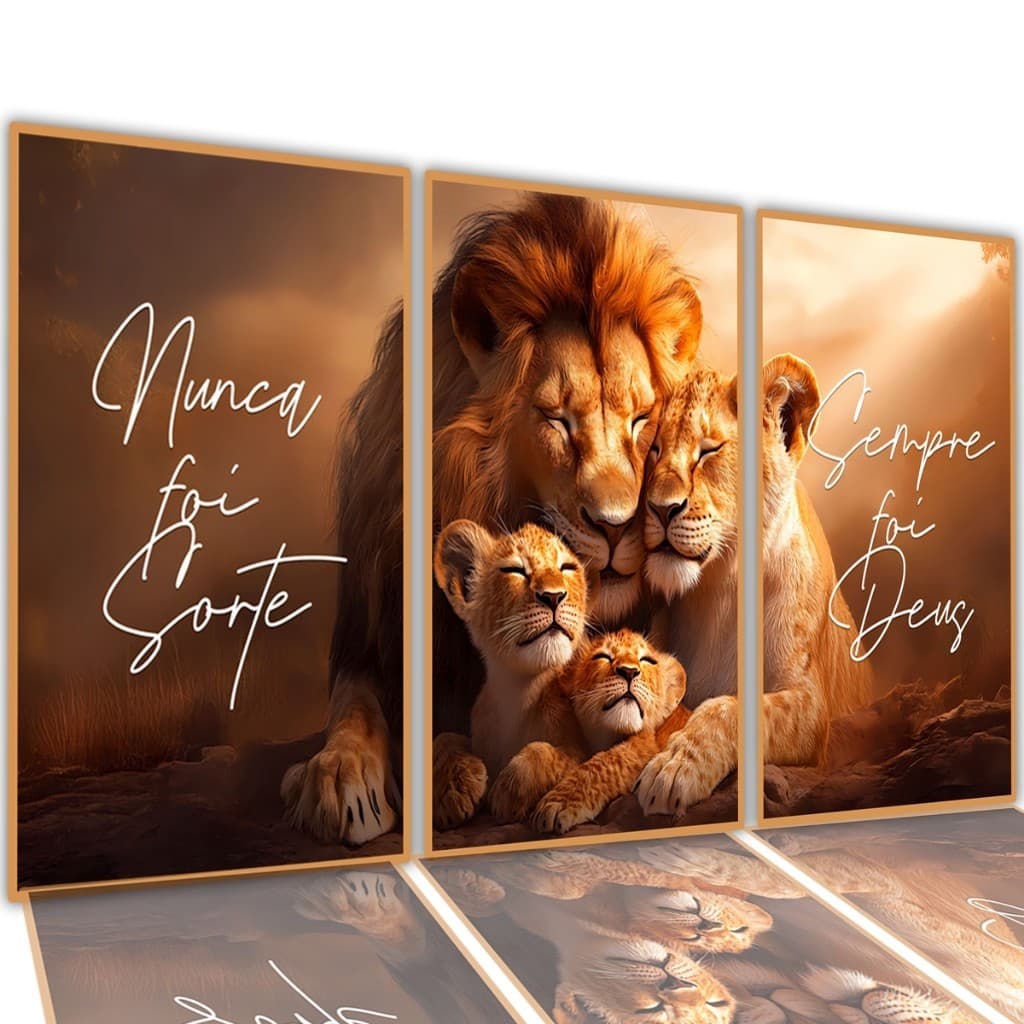 Kit 3 Quadros 122x60 Sala Decorativo Leão Motivação Familia Fé