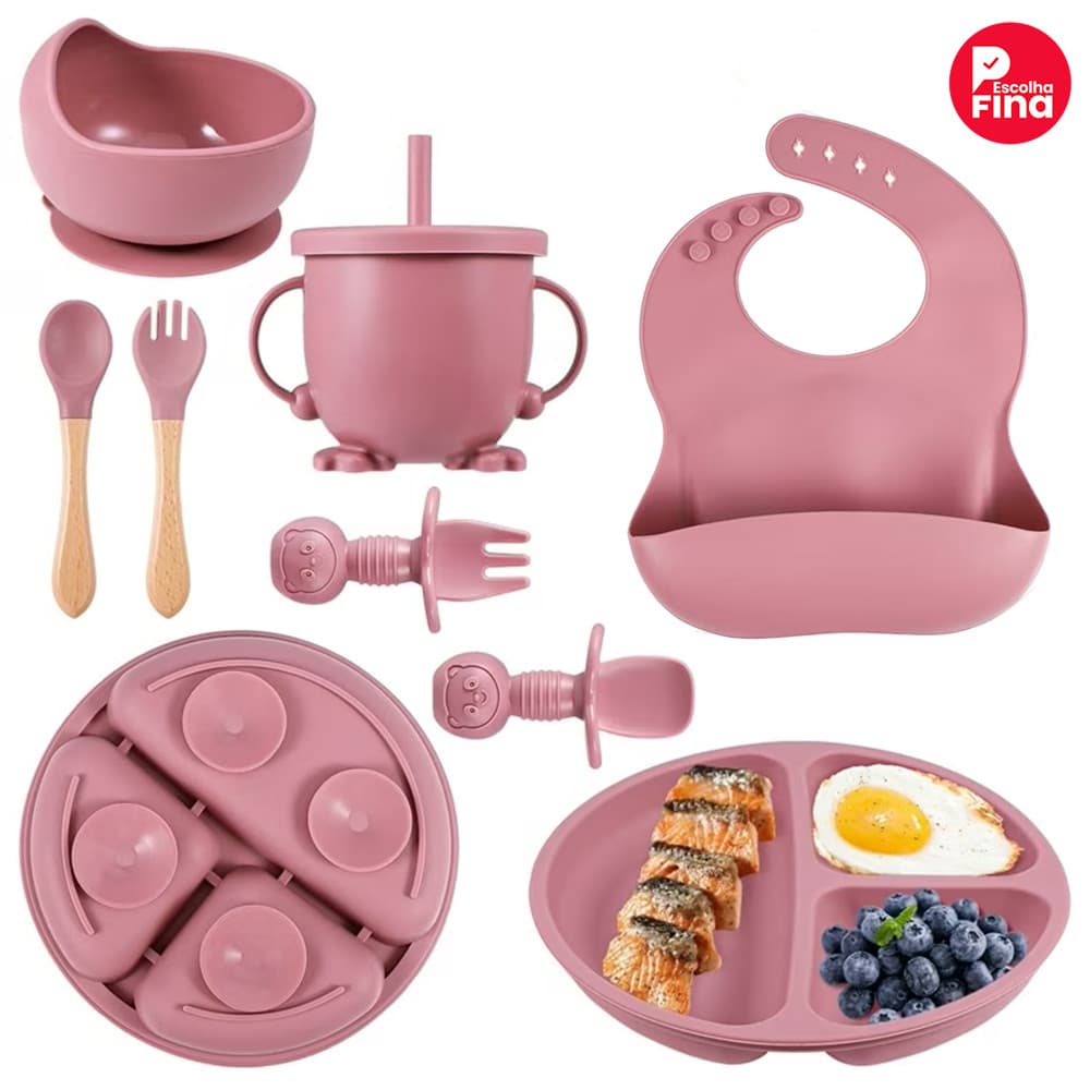 Talheres bebê silicone 8 Peças kit Talheres Infantil Com Ventosa Canudo Colher Babador Garfo