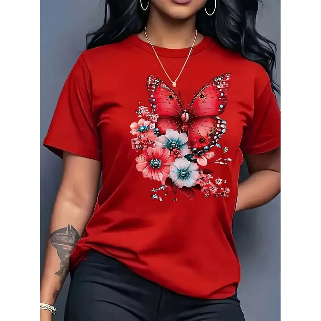 T-shirt Blusa Feminina Algodão100% Estilosa Borboleta Flores
