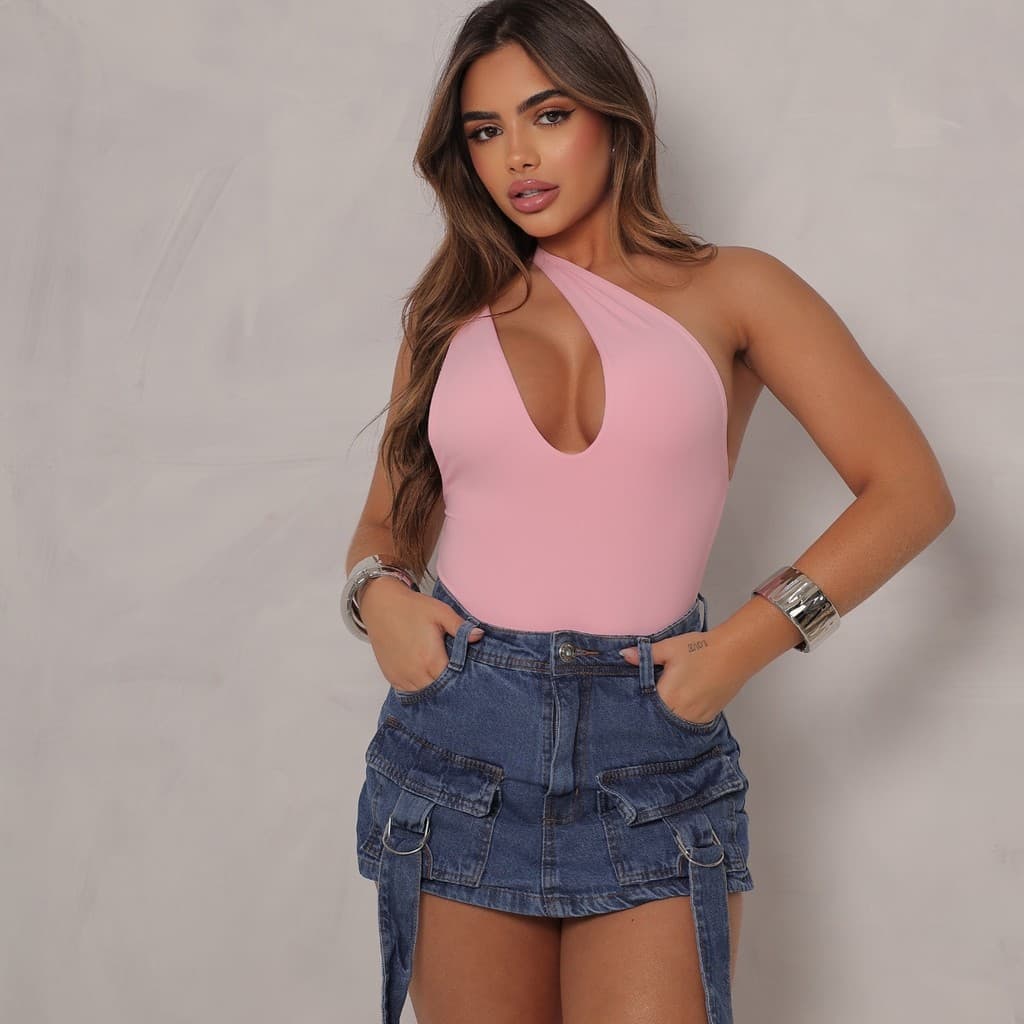 Short Saia Jeans Feminino Estilo Cargo com Bolsos Frontais e Cinto de Fivela