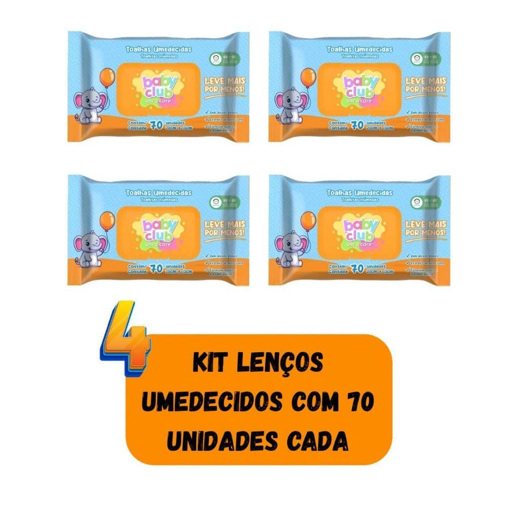 Kit 04 Pacotes Toalha Umedecida Baby Club 280un 20x13cm Limpeza Eficaz com Ótima Hidratação