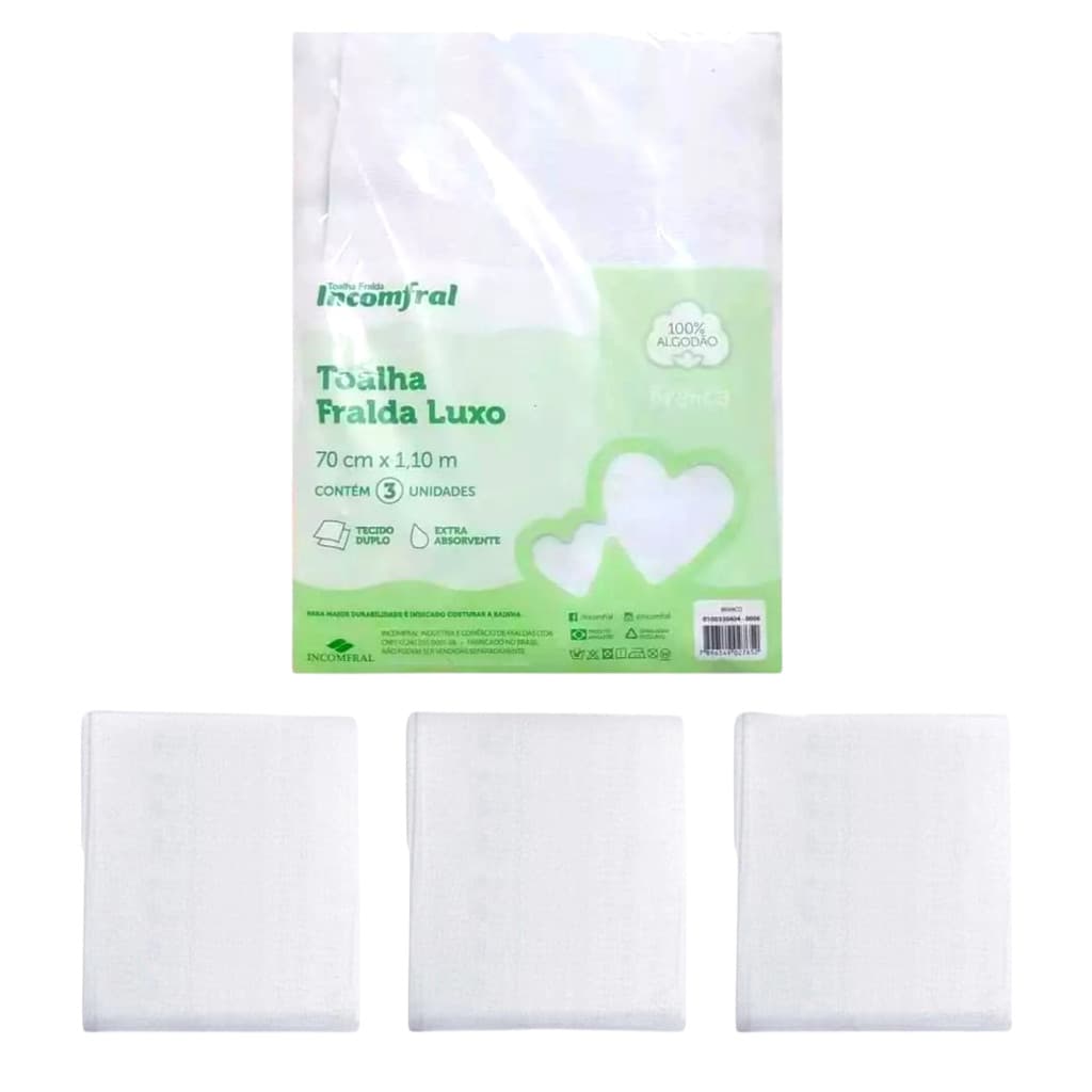 Toalha Fralda Luxo 3 Unidades Grande 70 cm x 1,10 m  Fraldas Incomfral 100% Algodão