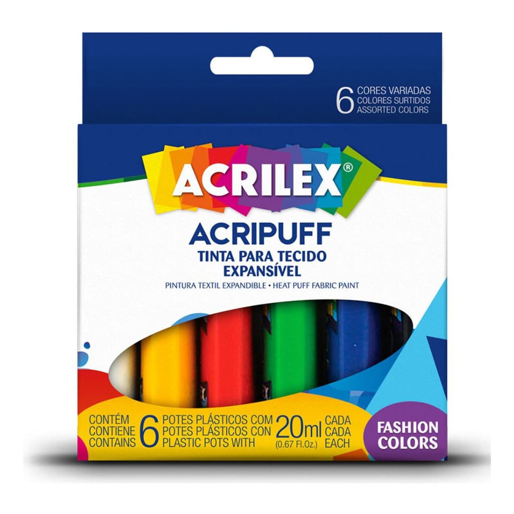 Tinta Para Tecido Expansível Acripuff Emborrachado Algodão Acrilex 6 Cores Tubos 20ml