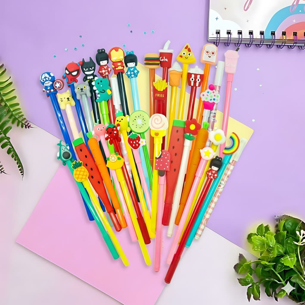 Kit 10 Canetas Kawaii Criativas – Gel Fofa com Personagens Comidas Animados