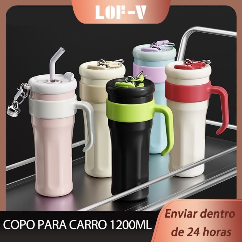 Copo Térmico com Canudo de Aço Inox 1200ml com Alça Térmica Fitness com Tampa 2 Funções