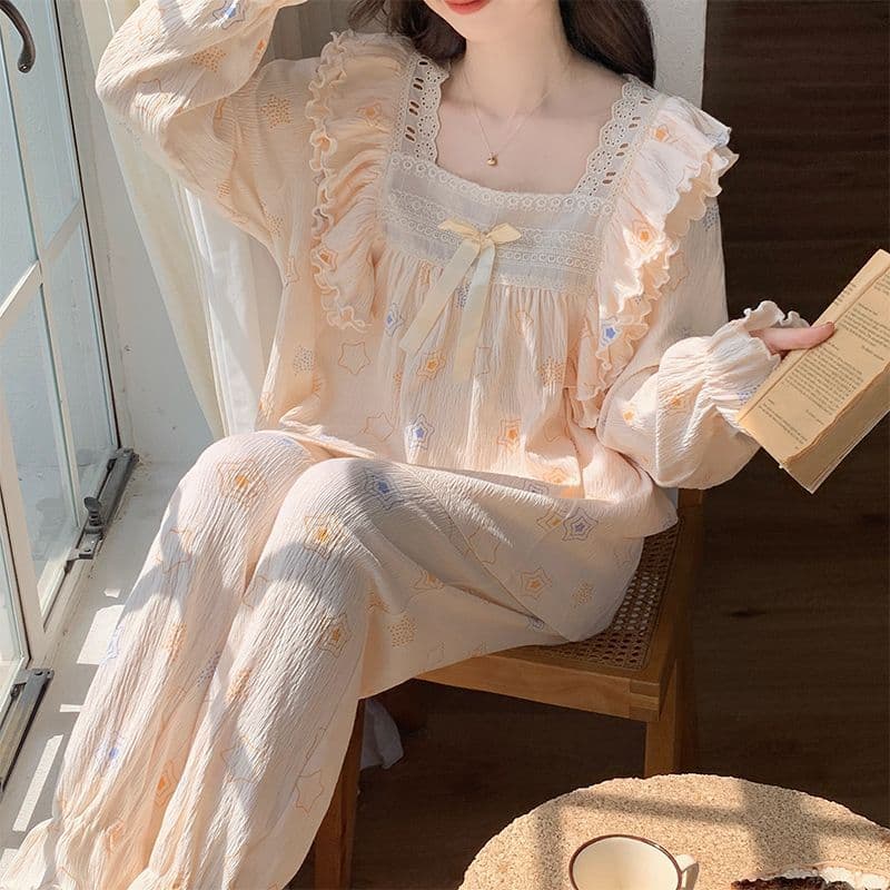 Novo estilo pijamas femininos primavera outono estudantes de manga comprida doce bonito estilo princesa solto Loungewear