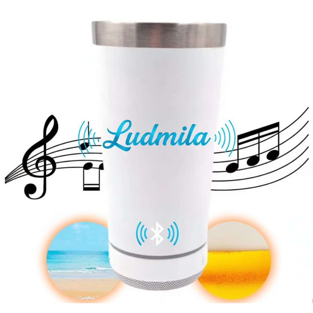 Copo Térmico Personalizado Bluetooth com Som e LED + Tampa com Abridor 420ml - Branco