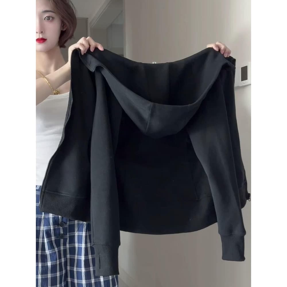 Jaqueta de moletom Slim fit espinha de peixe preta feminina 2026 novo estilo outono ombro frontal justo cintura estreita