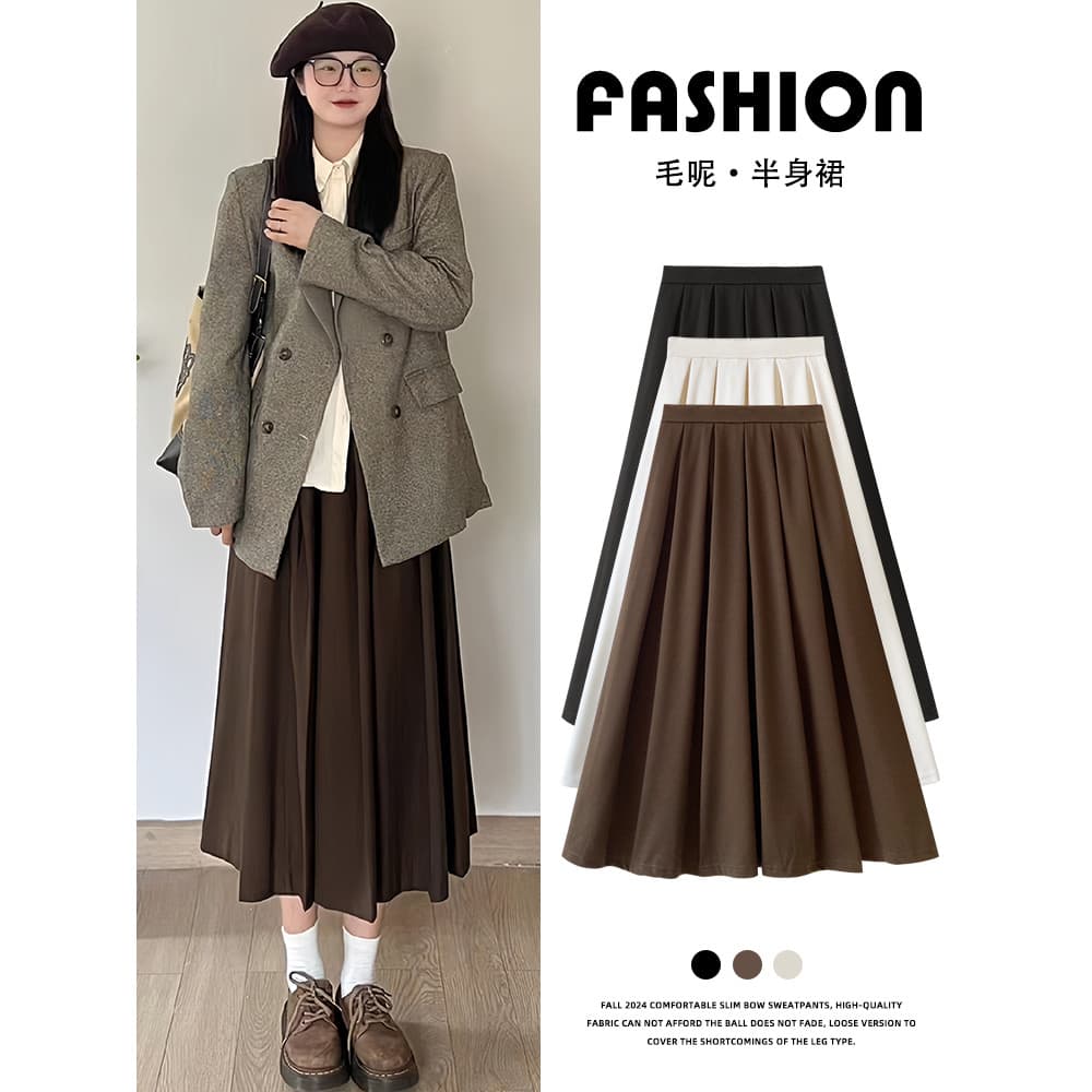 Cor de café Retro saia plissada feminina outono inverno 2025 novo estilo cintura alta mais magro olhar a linha guarda-ch