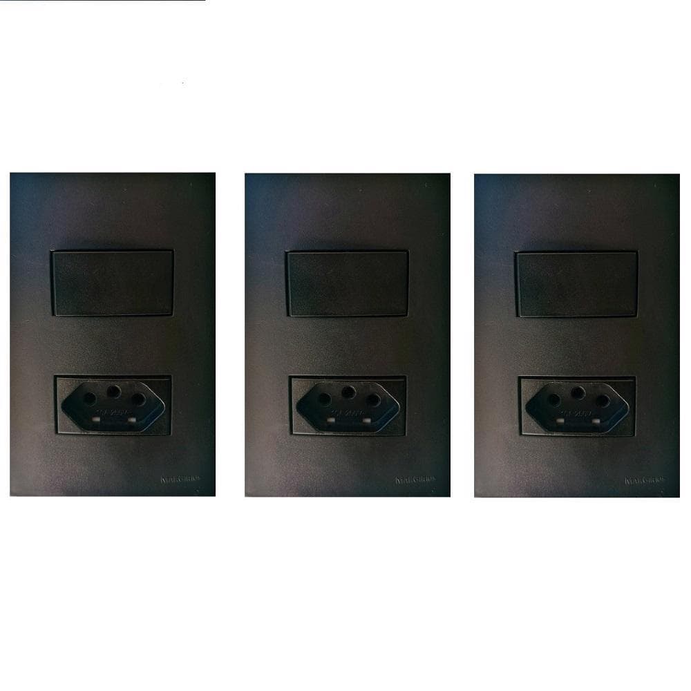 Kit 3 Conjunto Interruptor Simples + Tomada 20a Preto Fosco