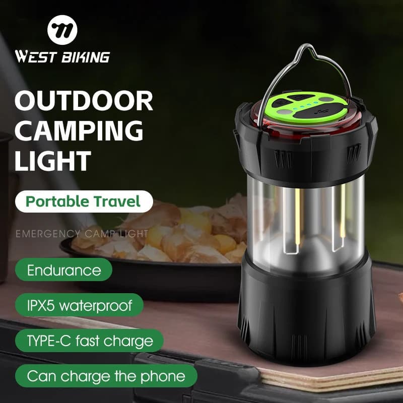 Lanterna de Camping WEST BIKING com Gancho, Recarregável, Lanterna LED de Alta Potência, Lâmpada para Acampamento ao Ar