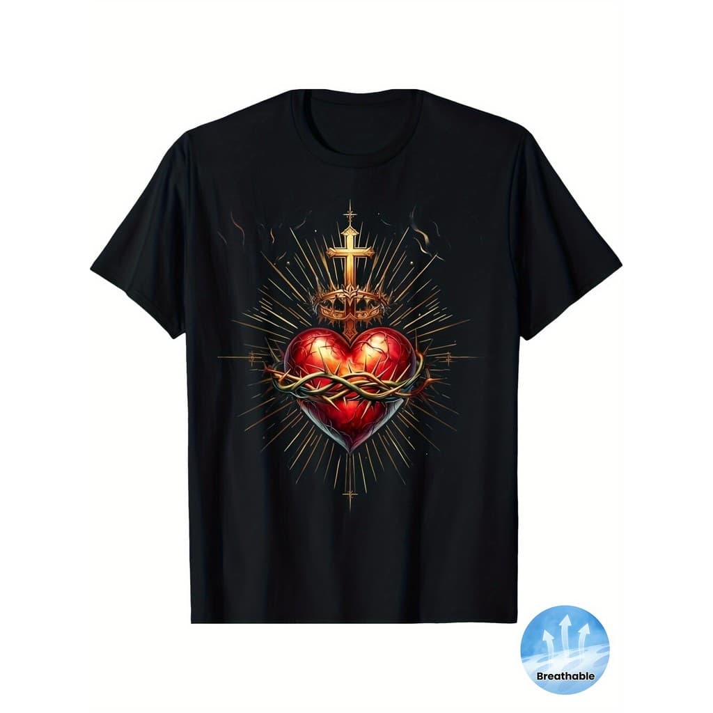Camiseta Unissex Casual De Algodão Puro, Com Modelagem Solta E Estampa Religiosa Do Sagrado Coração De Jesus