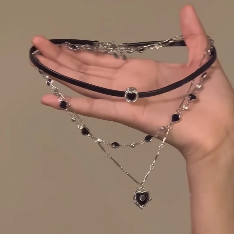 Colar Choker de Couro Preto com Pingente de Coração, Joias para Mulheres 2ZWK