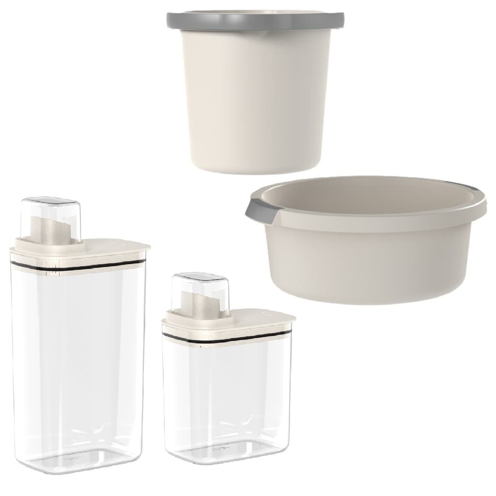 Balde Bacia Limpeza 5L e 8,5L + Kit Dispenser Organizador Lavanderia 1,5 e 2.3L Bege Lavanderia Flow